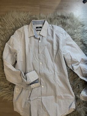 Hugo Boss White Dress Shirt with Navy Geometric Print